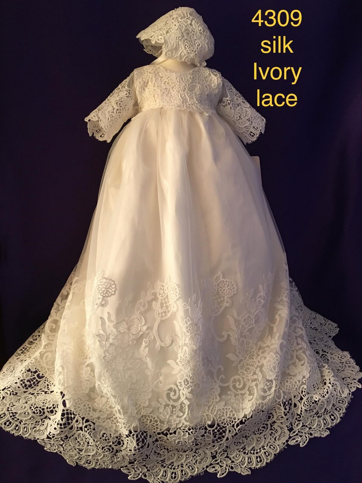 4309 G White satin or Ivory Silk & lace Christening Gown