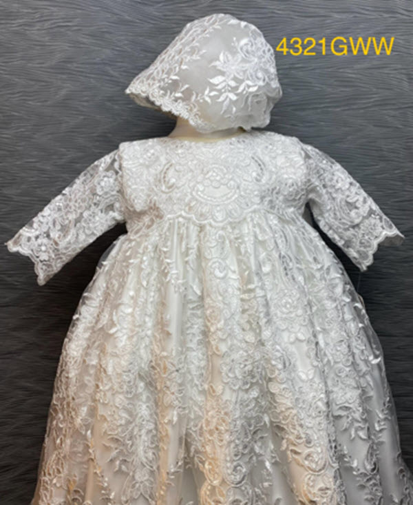 4321 G White Satin and Lace Christening Gown