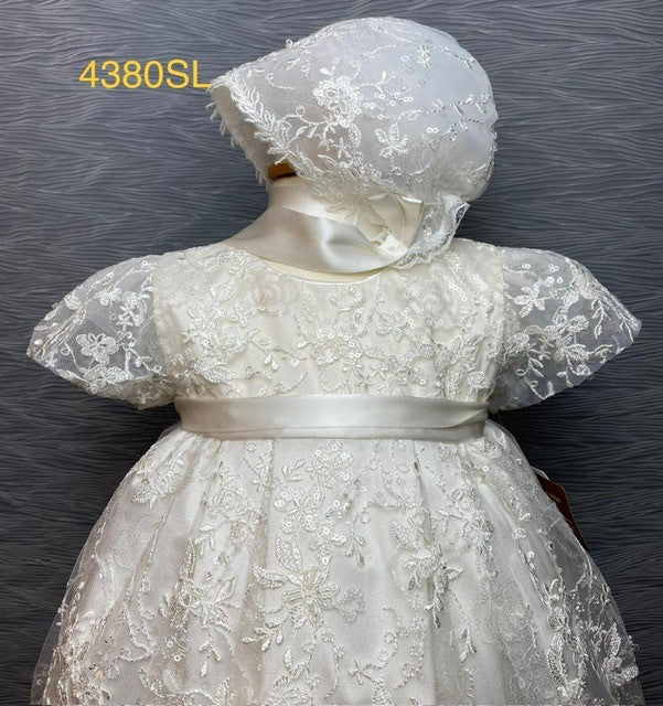 4380 SL Girls silk & lace christening dress Ivory