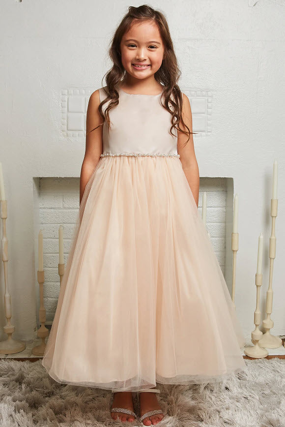 538-G Satin Top Girls Dress with Wavy Rhinestone & Pearl Trim