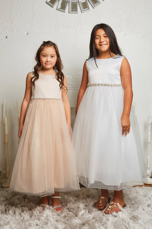 538-G Satin Top Girls Dress with Wavy Rhinestone & Pearl Trim