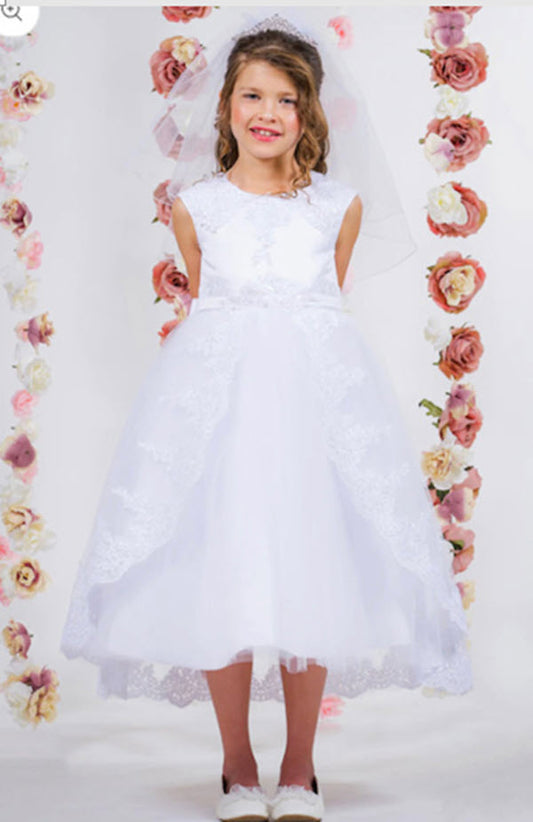 7008 - Lace Appliqué Swoop Train First Communion or Flower Girl Dress