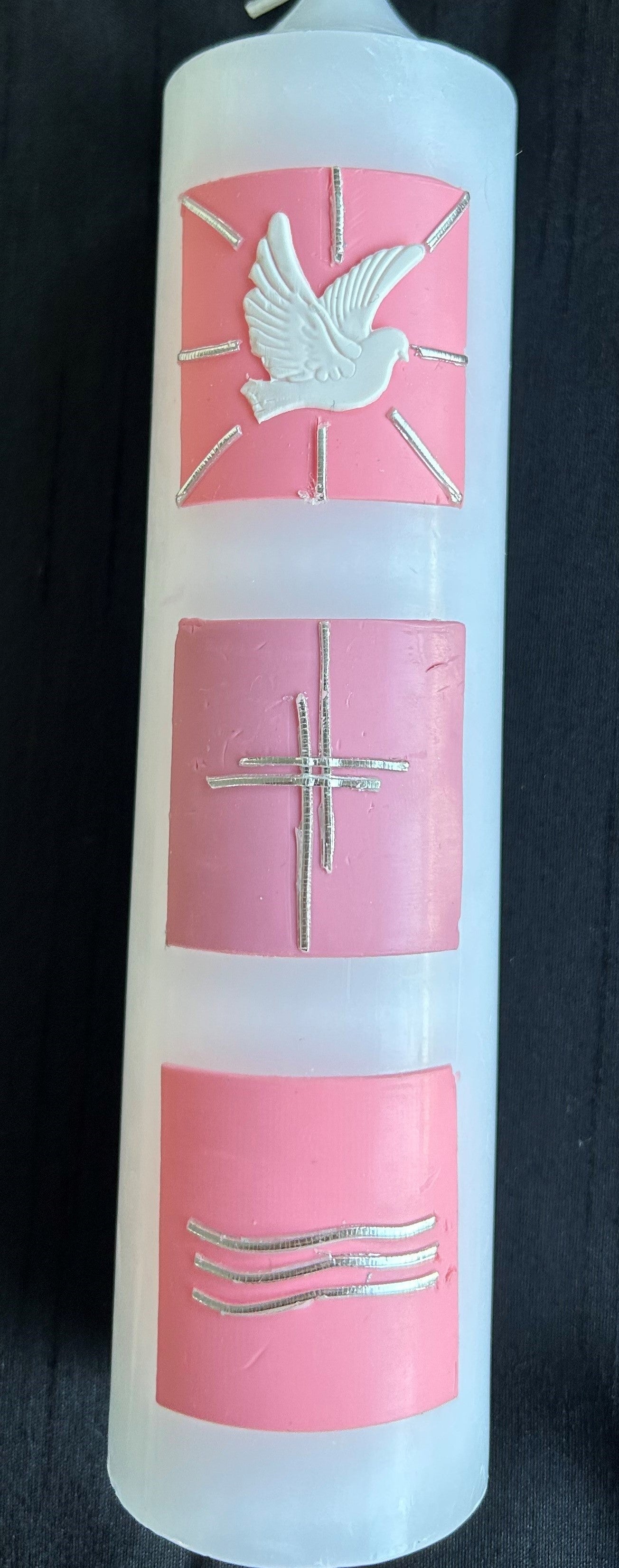 Baptism Candle with Light Pink Squares Dove Cross and Water