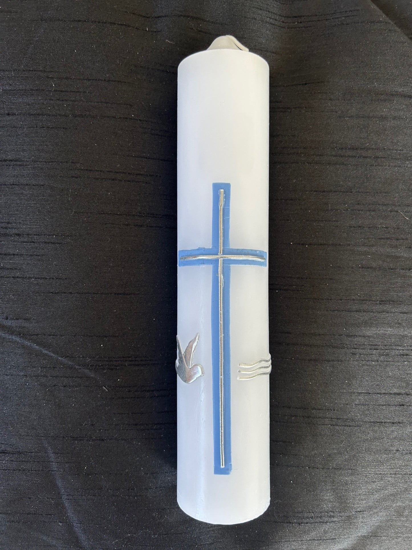Baptism Candle with Cross Silver Dove and Water
