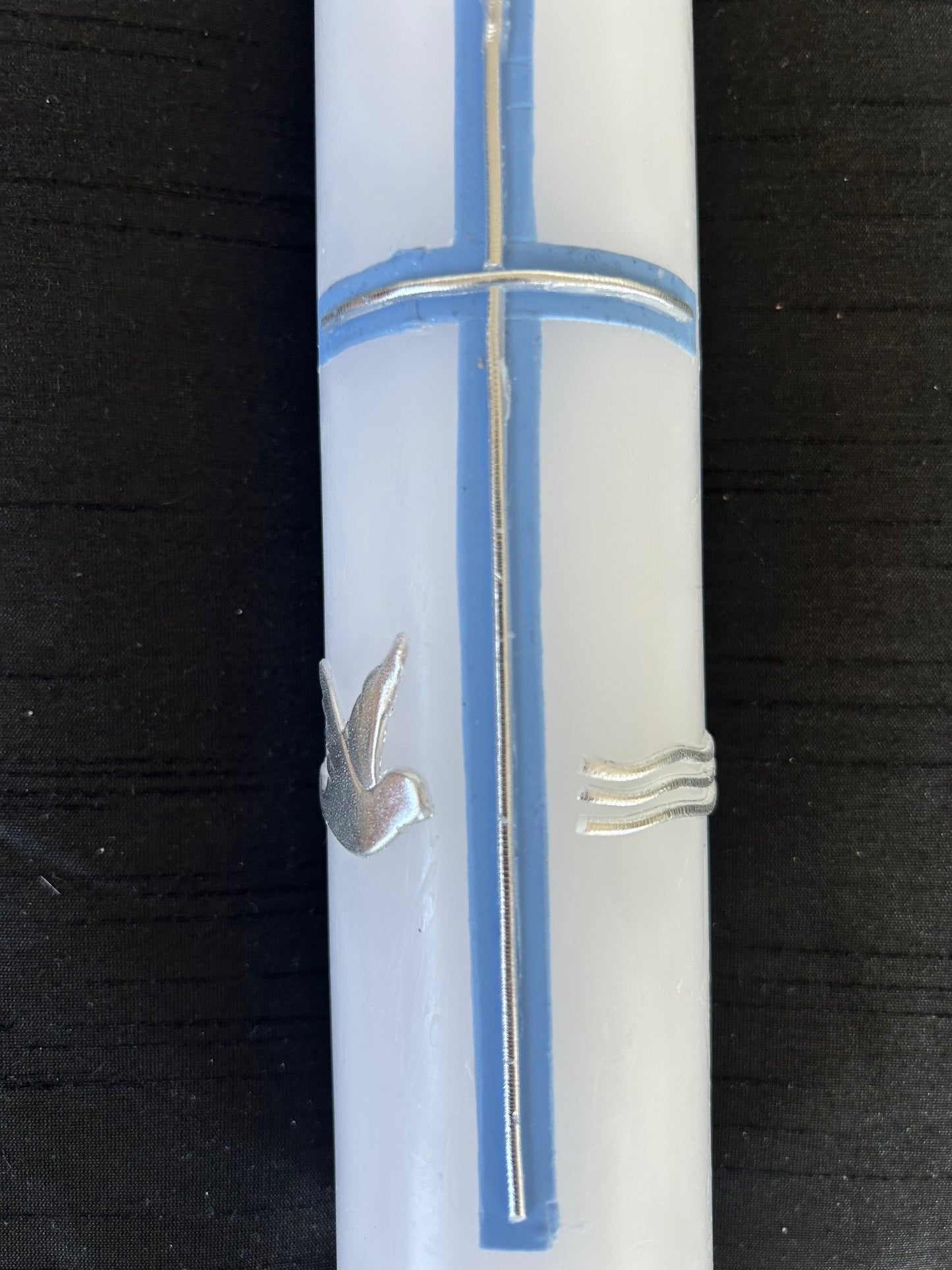 Baptism Candle with Cross Silver Dove and Water