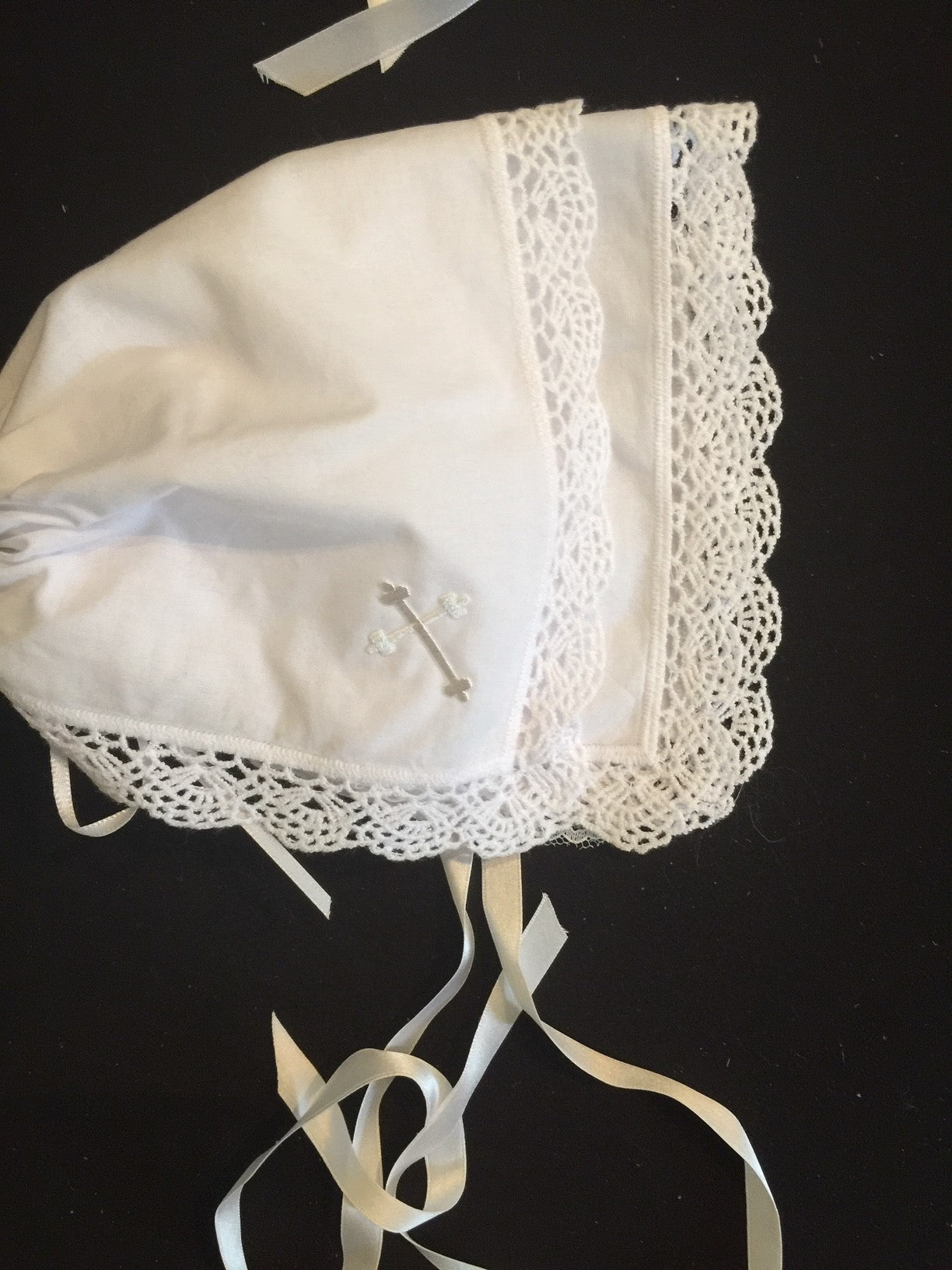 Hanky Bonnet with Embroidered Cross