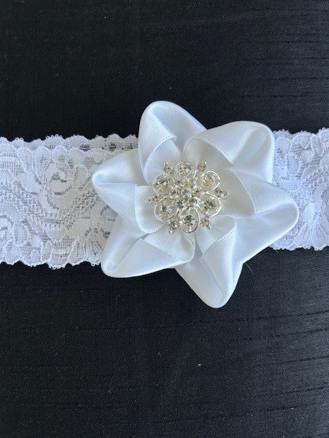 Baby Christening Headband Featuring a Ribbon Flower with Diamante