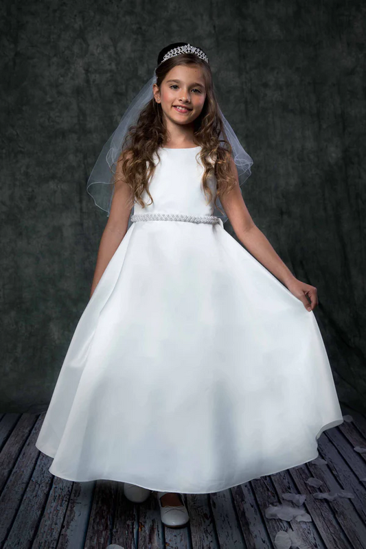 386- Long Satin Pearl Trim First Communion or Flower Girl Dress