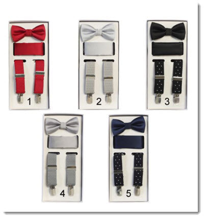 boys and men's sizes bowtie, hanky and suspender colour polka dot sets