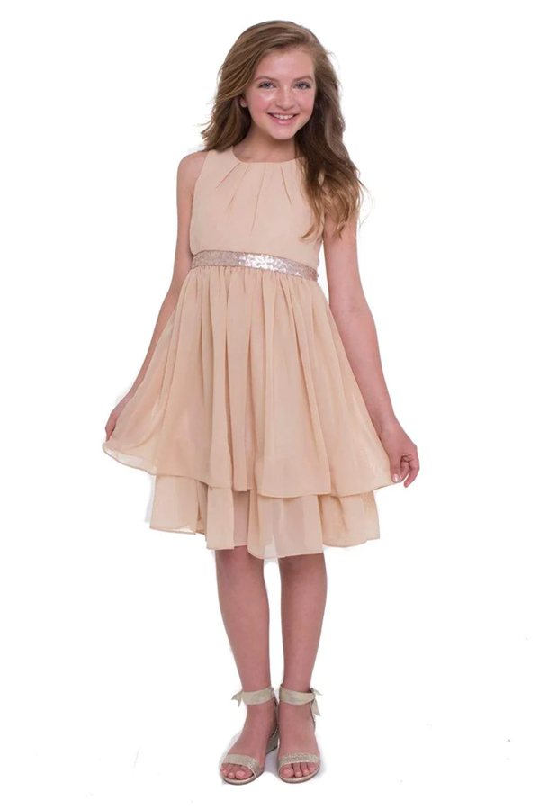 EK 202 Double Tiered Chiffon Dress with Sequin Waist Band