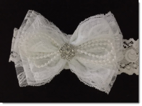 Christening headband - White Lace Bow with pearls