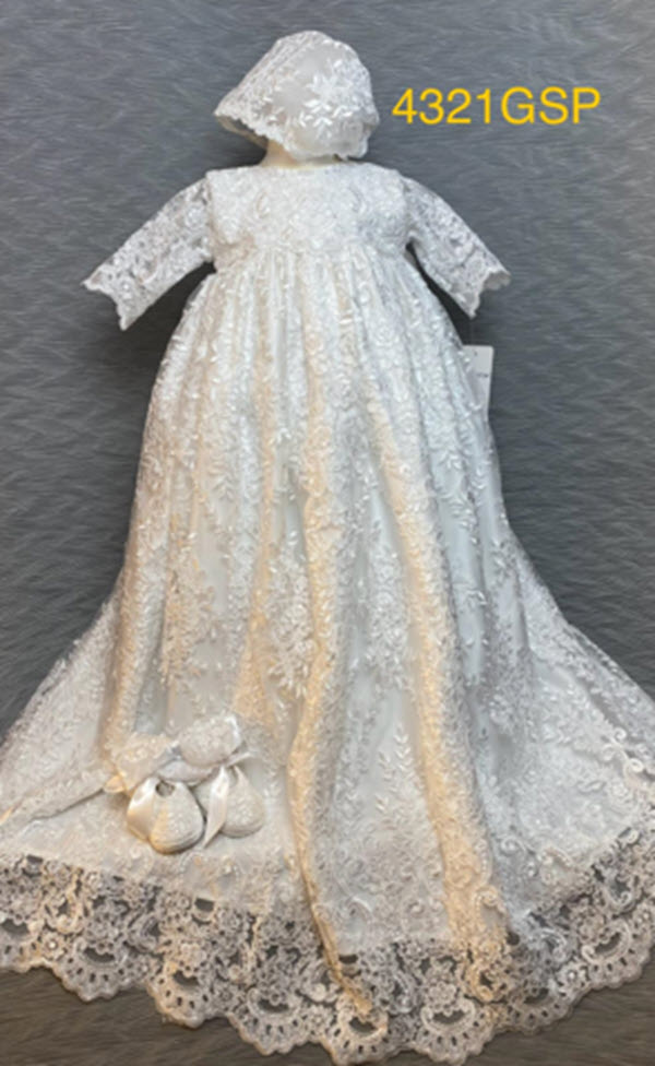 4321 G White Satin and Lace  Christening Gown