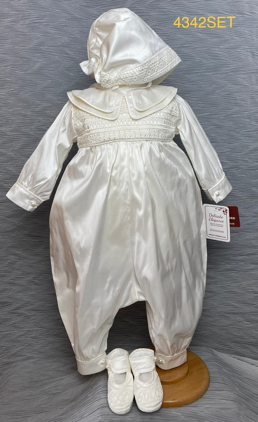 4342  Boys silk Christening Romper and Cape Set