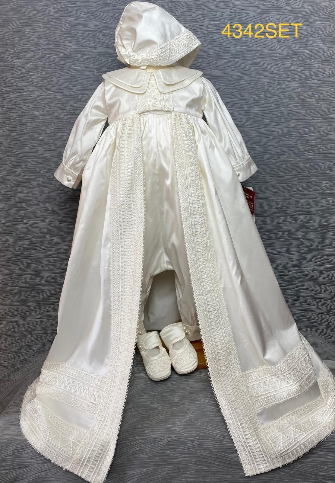 4342  Boys silk Christening Romper and Cape Set