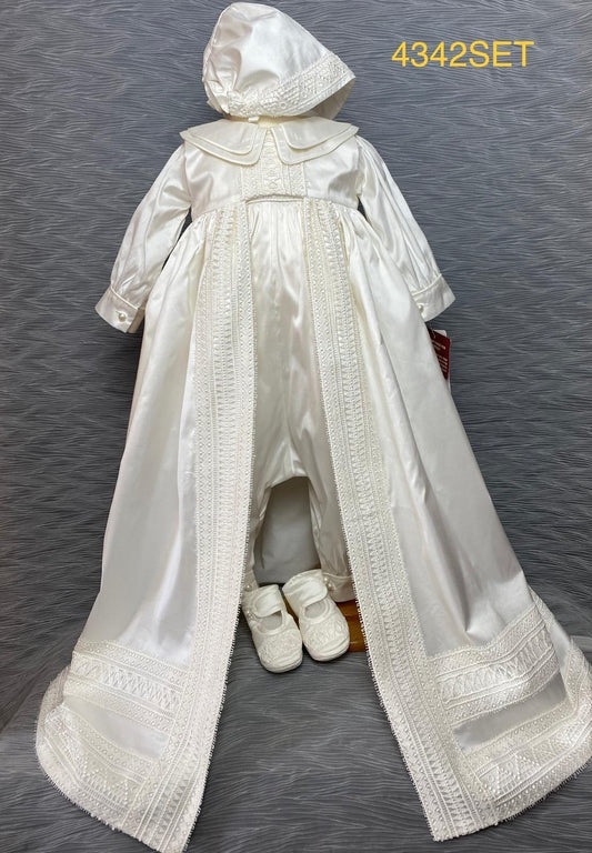 4342  Boys silk Christening Romper and Cape Set