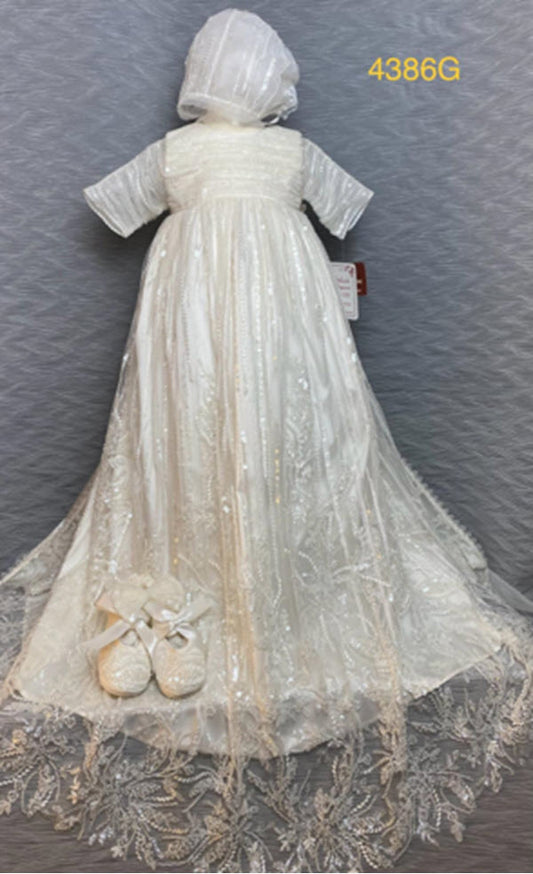 4386  Ivory Silk and Tulle with sequins Christening Gown