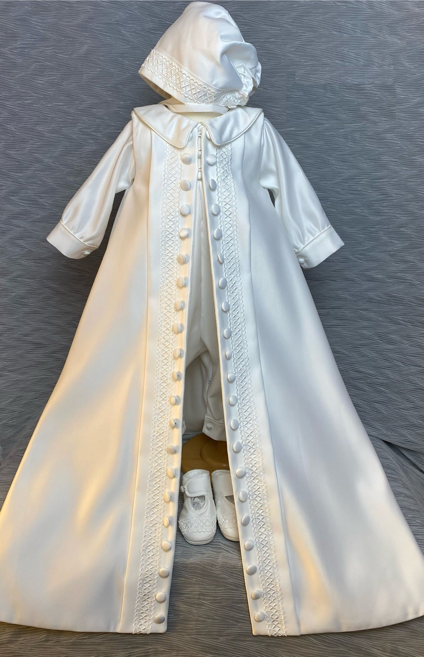 4415 Boys Ivory silk Christening Romper & Cape Set
