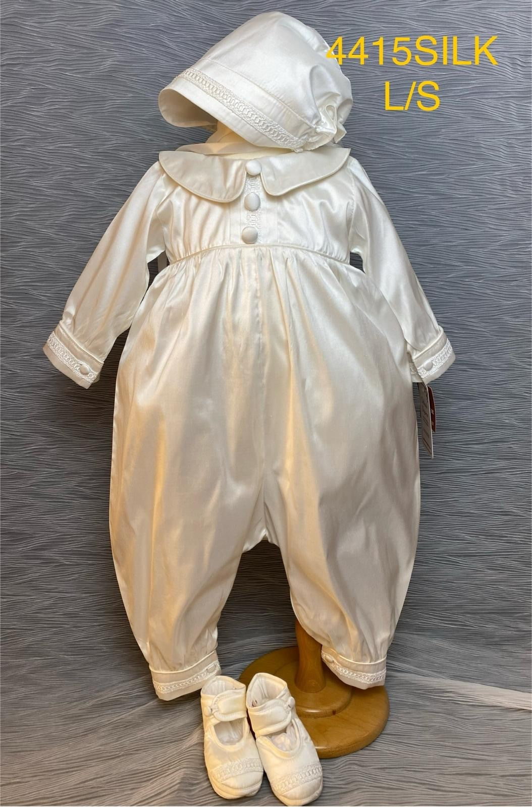 4415 Boys Ivory silk Christening Romper & Cape Set
