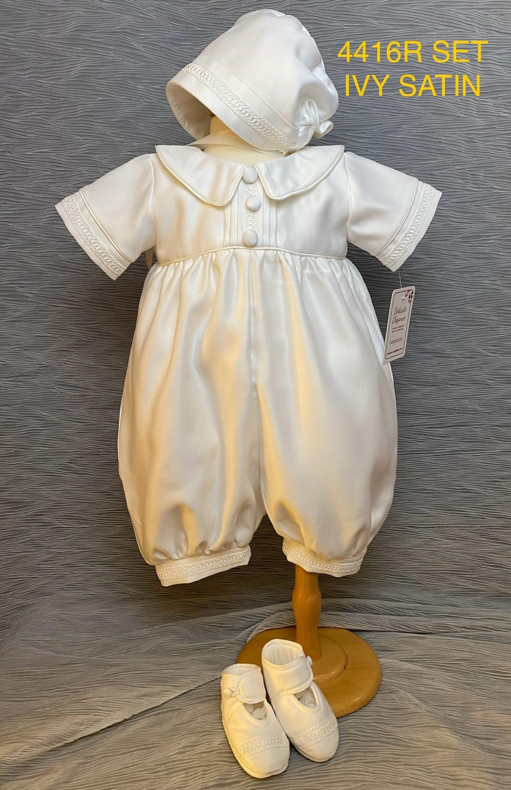 4415 Boys Ivory silk Christening Romper & Cape Set