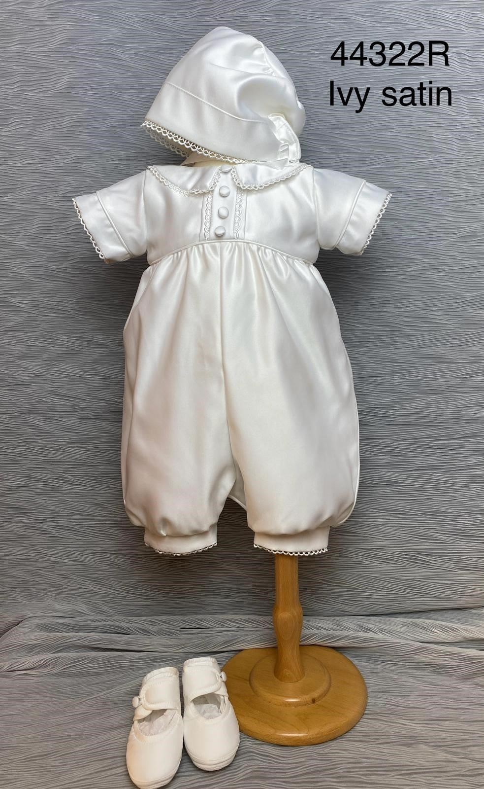44322 Boys Ivory satin Christening Romper & Cape Set