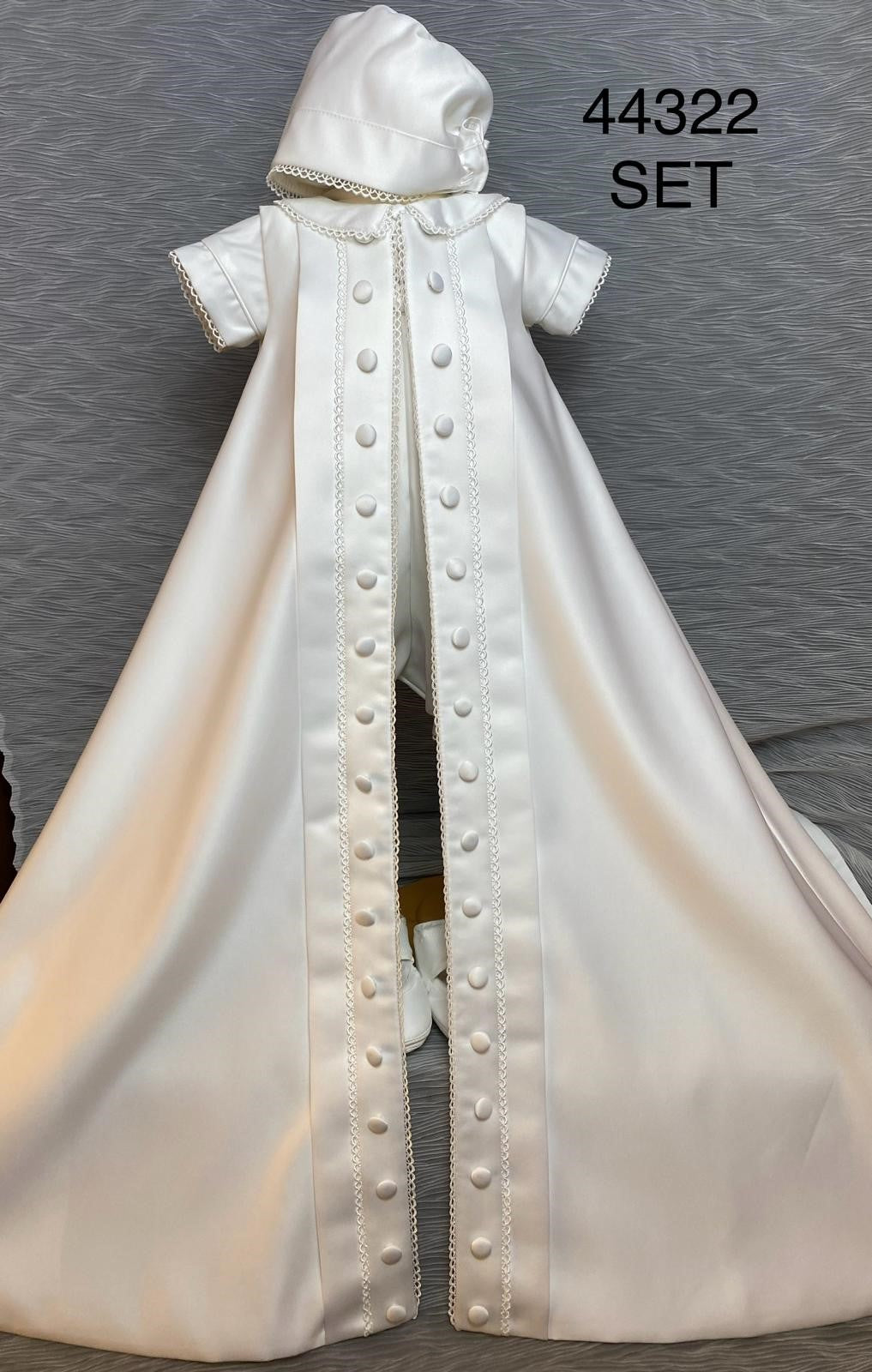 44322 Boys Ivory satin Christening Romper & Cape Set