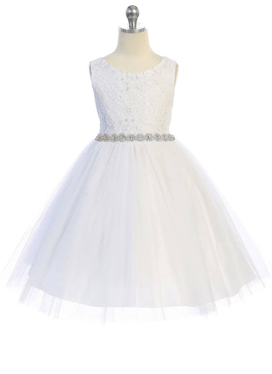 456-A Lace Illusion Girls First Communion or Flower Girl Dress with Rhinestone Trim