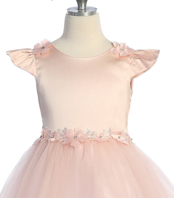 562 Capped Sleeve Satin & Tulle Girls First Communion or Flower Girl Dress with Floral Trim and Plus Sizes