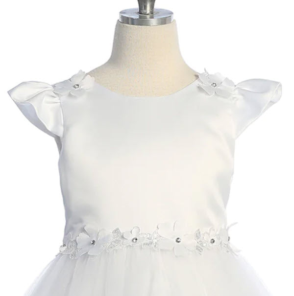 562 Capped Sleeve Satin & Tulle Girls First Communion or Flower Girl Dress with Floral Trim and Plus Sizes