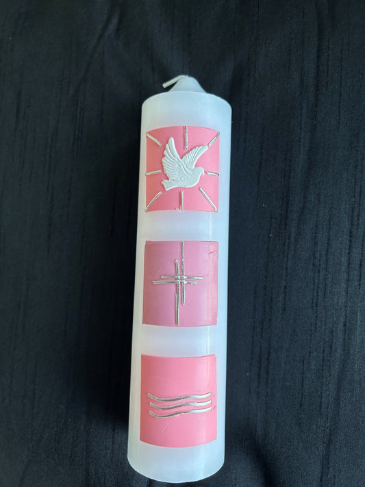 Baptism Candle with Light Pink Squares Dove Cross and Water