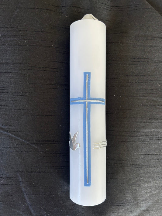 Baptism Candle with Cross Silver Dove and Water