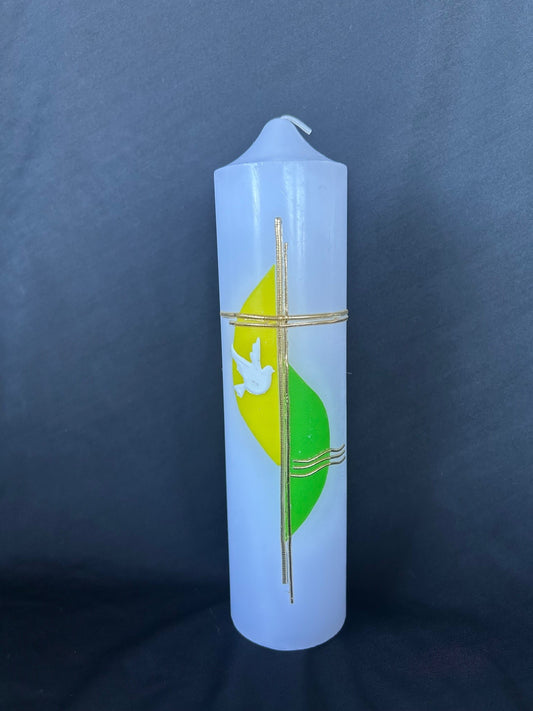 Baptism Candle with Gold Cross Dove & Water