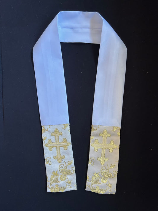 Baptism Stole - White satin with Gold Liturgical Cross Design