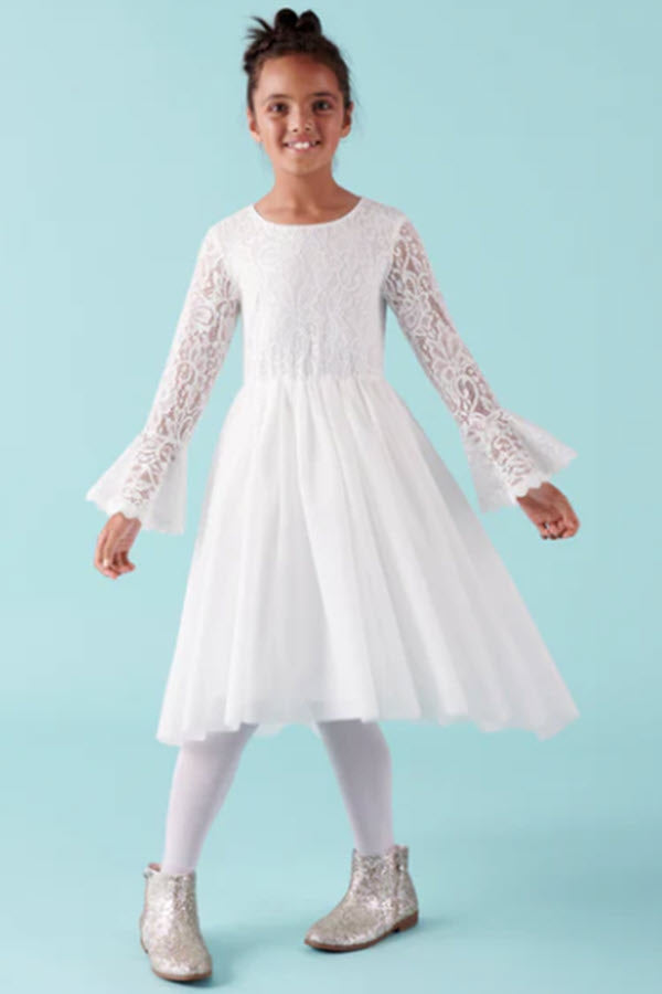 Olivia L/S Lace First Communion or Flower Girl Dress - Ivory