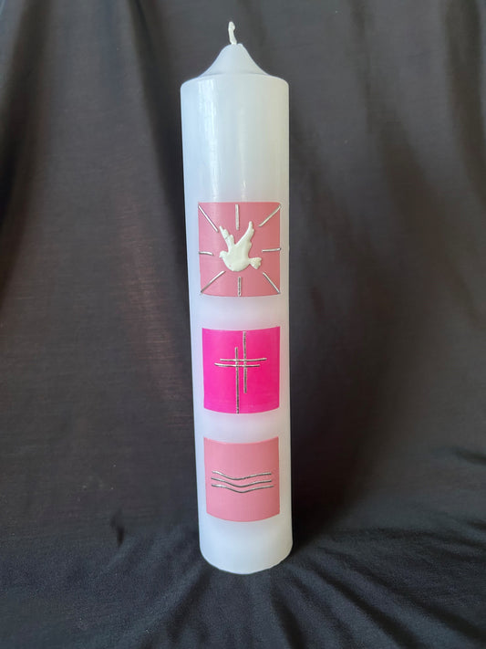 Baptism Candle with Pink Squares Dove Cross and Water