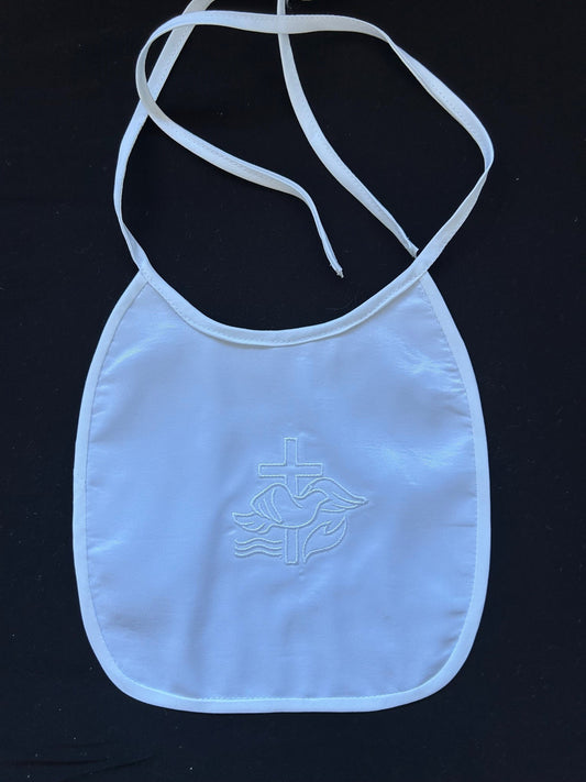 Satin Christening Bib with Dove and Cross