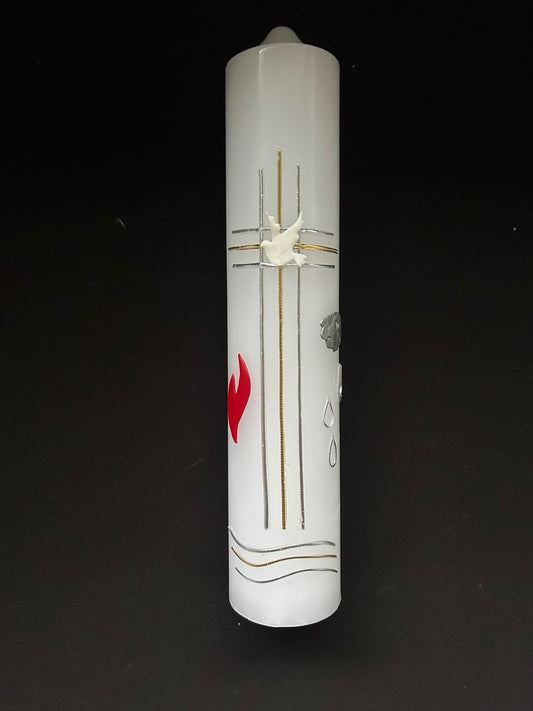 Baptism Candle with Tri Cross Dove Flame and Water