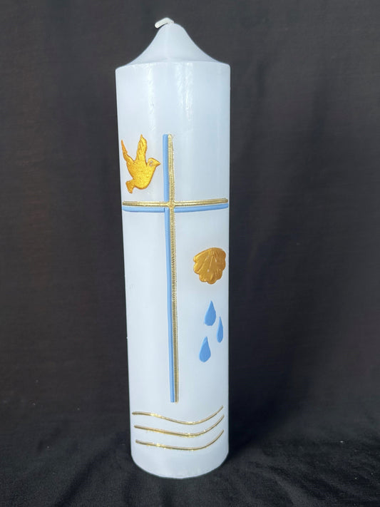 Baptism Candle with Blue & Gold Dove Cross  Shell & Water