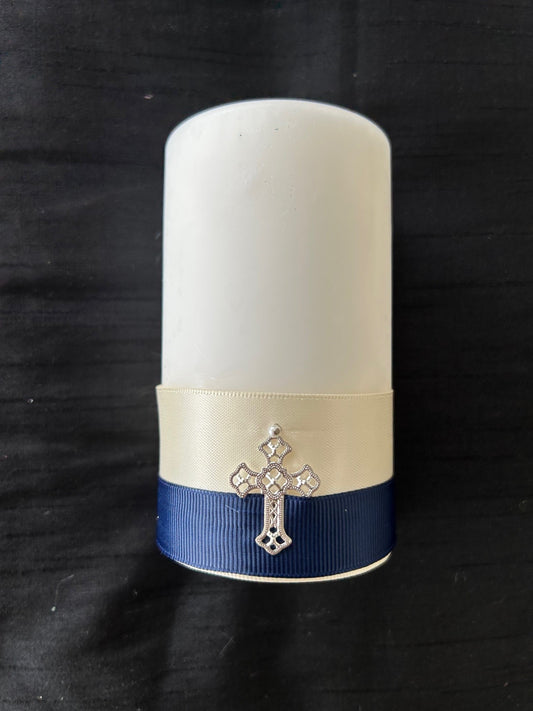 Baptism Candle Ivory with Navy Grosgrain Trim