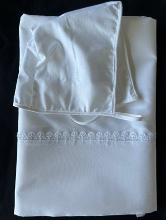 Oil Set with Bonnet and Cot size Sheet - Narrow Lace trim