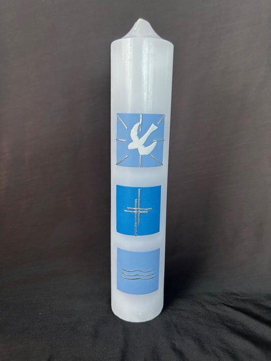 Baptism Candle with Blue Squares Dove Cross and Water
