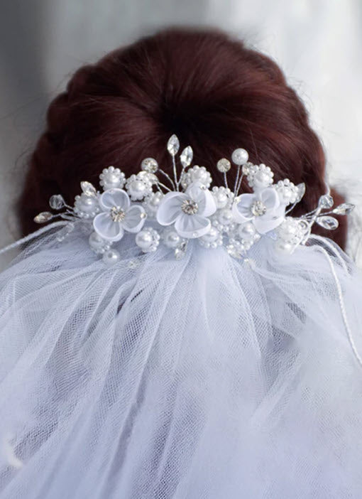 VEIL042 Comb Veil with Dainty Pearl & Rhinestone Adornments