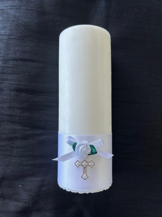 Baptism Candle with White Ribbon & Cross