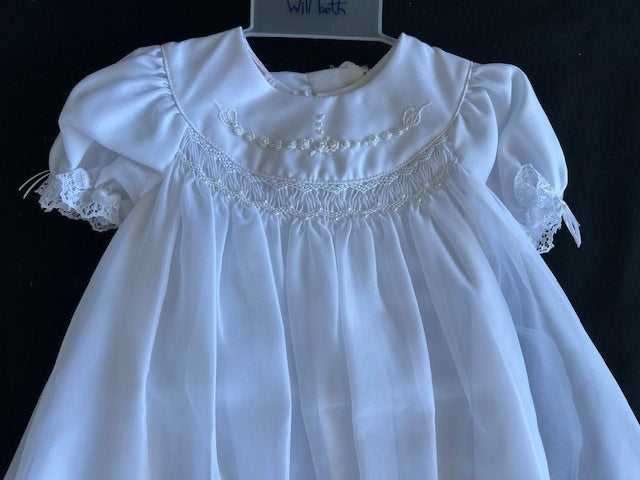 06802 Elegant Christening Gown with Smocking and Embroidery