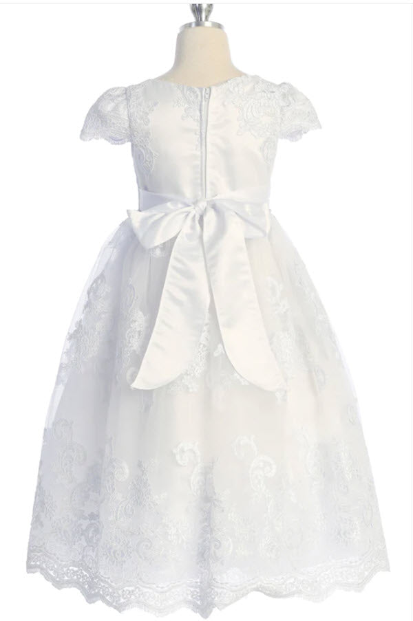 554- Cording Embellished Lace Sleeve Long First Communion or Flower Girl Dress