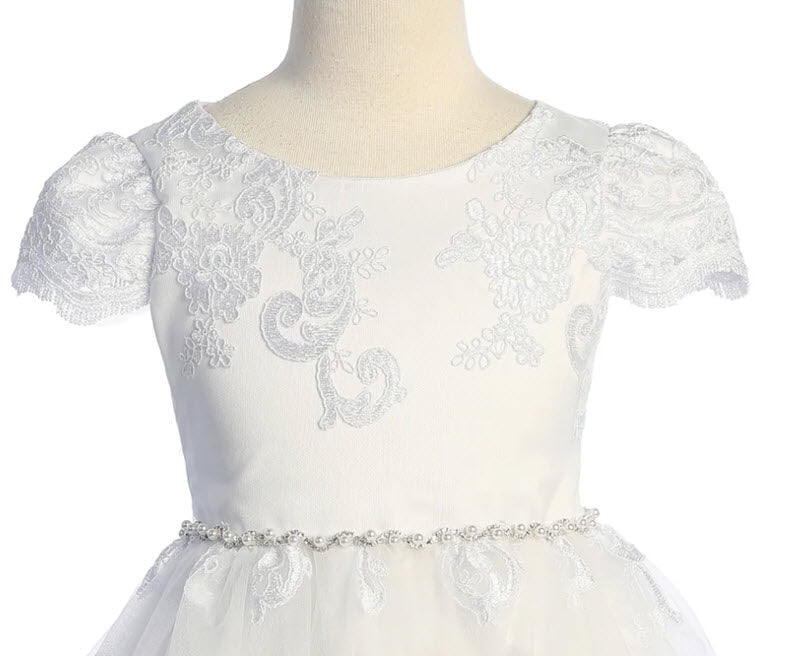 554- Cording Embellished Lace Sleeve Long First Communion or Flower Girl Dress