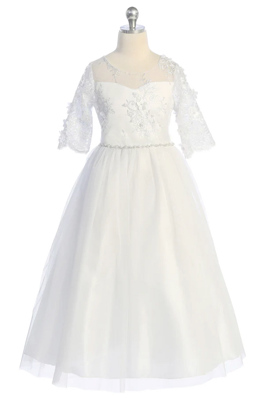 558- Flower and Pearl Lace Illusion First Communion or Flower Girl Dress