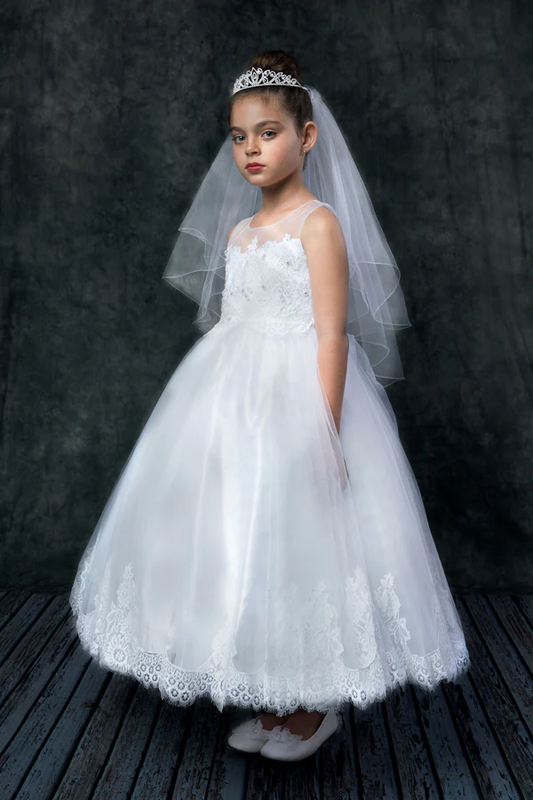 7007   Lace Appliqué Illusion Bateau First Communion or Flower Girl Dress Dress