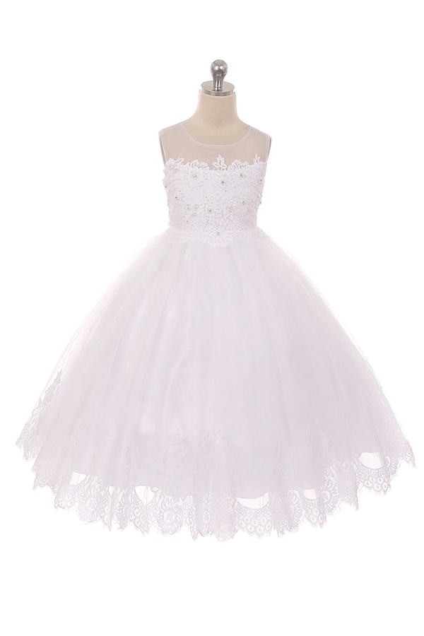 7007   Lace Appliqué Illusion Bateau First Communion or Flower Girl Dress Dress