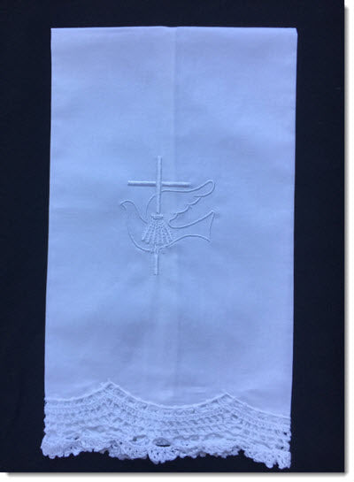 LACE EDGED TOWEL with Dove and Cross embroidery