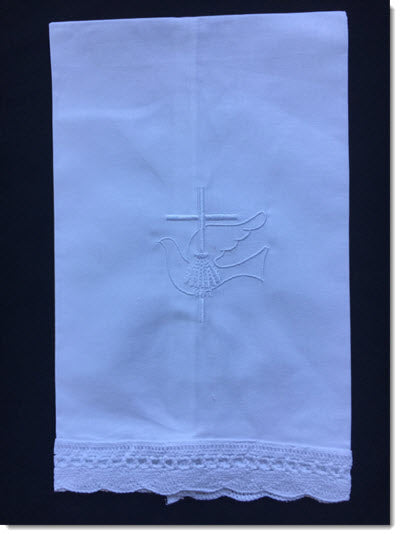 cotton scalloped fan edge towel with dove and cross embroidery